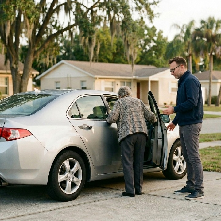 Peter helping a client into the car at her home, before her outpatient procedure