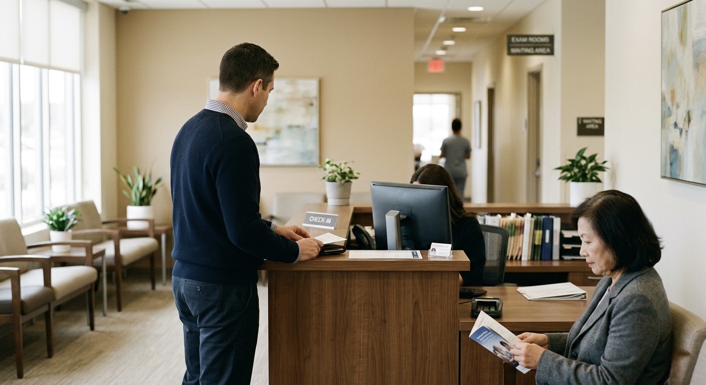 Peter at a surgery center check-in counter, working with the front desk to register a patient